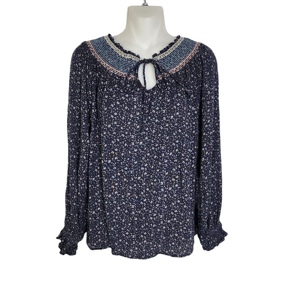 Knox Rose Womens Blouse Large Embroidered Smocked Bue Floral Boho Tie Neck Top